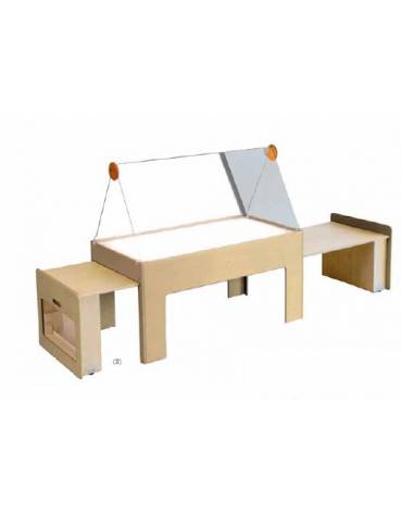TAVOLO LUMINOSO ALLUNGABILE CON SOPRALZO IN PLEXIGLAS - chiuso cm 135x70x66h e aperto cm 385x70x66h