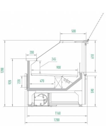 Vetrina gastronomia in acciaio verniciato, plastica e vetro - piano di lavoro in acciaio inox - mm L1300xP860xH1120h