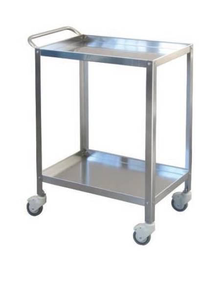 Carrello medicazione inox, con maniglia, 2 ripiani, 4 rotelle girevoli Ø cm 8 - cm 70x50x82h