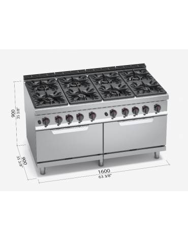 Cucina a gas 8 fuochi ALTA POTENZA con N° 2 Forno a gas gn 2/1 - cm 160x90x85/90h