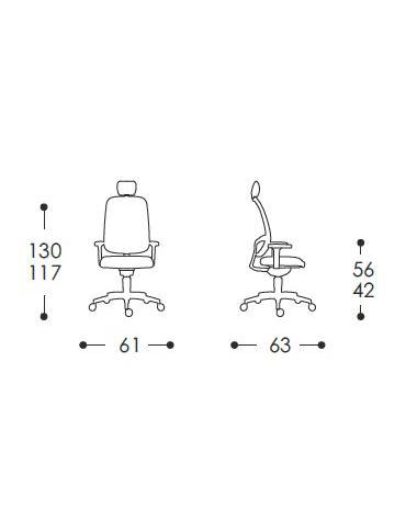 Poltrona semi-direzionale braccioli regolabili base in nylon - schienale a supporto lombare cm 57x68x117/130h