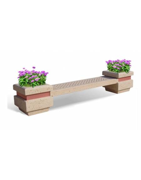 Panchina in cemento calcestruzzo seduta con fori e 2 fioriere laterali - colore Bianco pietra - cm 310x60x65h