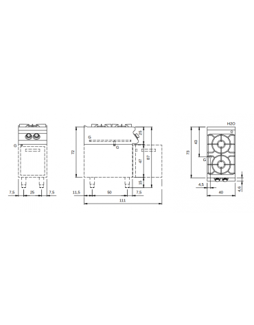 Cucina a gas 2 fuochi su armadio con porta - bruciatori 1x3,7 kw + 1x5,5 kw - cm 40x73x87h