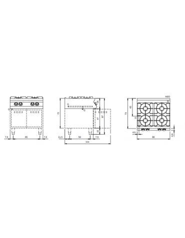 Piano di cottura a gas 4 fuochi su armadio aperto cm 80x90x85h - Bacinelle inox