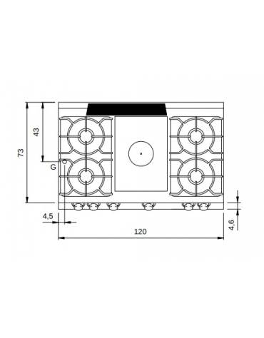 Piano di cottura a gas 4 fuochi + tuttapiastra da banco- potenza totale 24,4 Kw - cm 120x73x25h