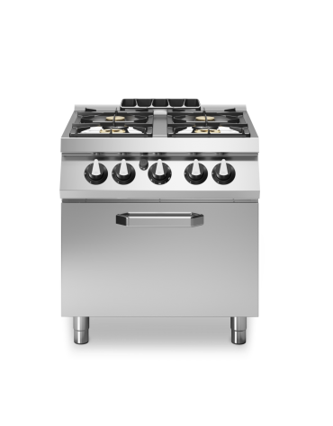 Cucina a gas professionale 4 fuochi con forno a gas GN 2/1 statico - Bacinelle smaltate - cm 80x73x87h