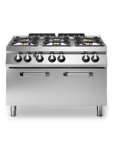 Cucina a gas professionale 6 fuochi con maxi forno a gas MAXI statico - Bacinelle smaltate - cm 120x73x87h