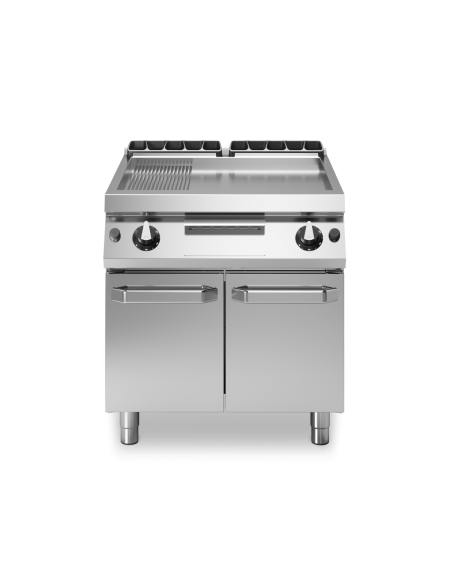 Fry Top a gas su vano con 2 porte, piastra cromata 2/3 liscia 1/3 rigata - potenza tot.14 kW - cm 80x73x87h