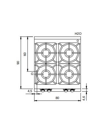 Cucina professionale a gas 4 fuochi su armadio aperto con piano stampato - Potenza totale Kw 36 - cm 80x90x87h