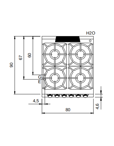 Cucina a gas 4 fuochi piano stampato con forno elettrico a convenzione - bruciatori 3x10 kw + 1x6 kw - cm 80x90x87h