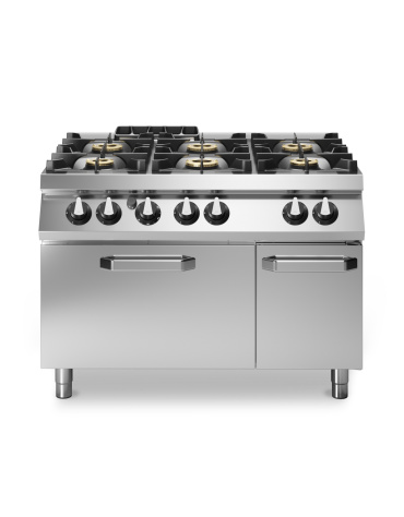 Cucina a gas 6 fuochi con piano stampato e forno a gas statico GN 2/1 - 4 Fuochi da 10 KW e 2 da 6 Kw - cm 120x90x87h