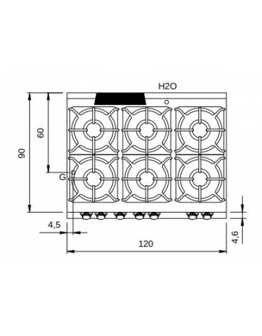 Cucina a gas 6 fuochi con piano stampato e forno a gas statico GN 2/1 - 4 Fuochi da 10 KW e 2 da 6 Kw - cm 120x90x87h