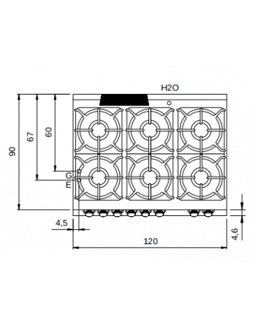 Cucina a gas 6 fuochi con piano stampato e forno elettrico statico GN 2/1 - 4 Fuochi da 10 Kw e 2 da 6 Kw - cm 120x90x87h