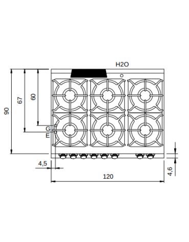 Cucina a gas 6 fuochi con piano stampato e forno elettrico ventilato - 4 Fuochi da 10 KW e 2 da 6 Kw - cm 120x90x87h