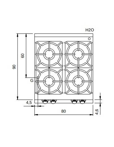 Cucina a gas da banco 4 fuochi professionale - bruciatori 2x5,5 kw + 2x7,5 kw - bacinelle smaltate - cm 80x90x28h