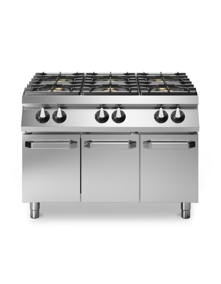 Cucina a gas 6 fuochi su armadio chiuso con 3 antine - bruciatori 4x5,5 kw + 2x7,5 kw - bacinelle smaltate - cm 120x90x87h