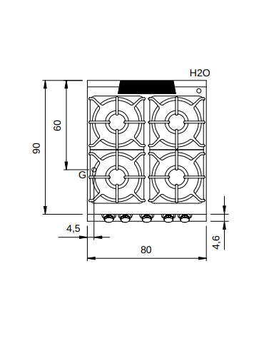 Cucina a gas 4 fuochi con forno a gas statico GN 2/1- Bacinelle smaltate - potenza totale 34 Kw - cm 80x90x87h