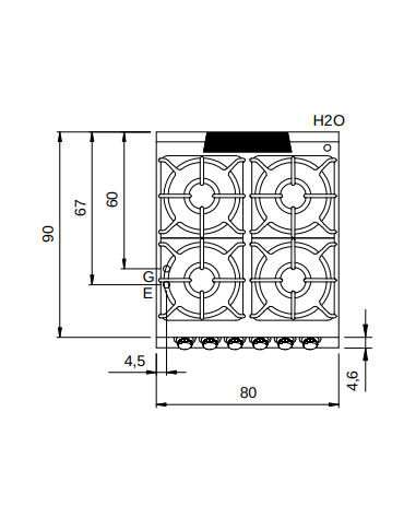 Cucina a gas 4 fuochi con forno elettrico statico - Bacinelle smaltate - potenza totale 26 Kw - cm 80x90x87h