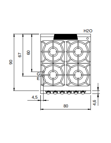 Cucina a gas 4 fuochi con forno elettrico a convezione - Bacinelle smaltate - potenza totale 26 Kw - cm 80x90x87h