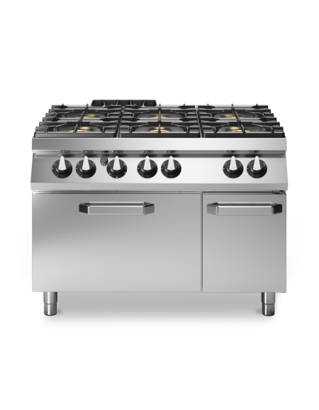 Cucina gas 6 fuochi con forno a gas GN 2/1 statico e armadio neutro - Bacinelle smaltate - potenza totale 45 Kw - cm 120x90x87h