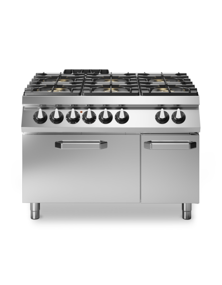 Cucina a gas 6 fuochi con forno elettrico statico e armadio neutro - Bacinelle smaltate - potenza totale 37 Kw - cm 120x90x87h