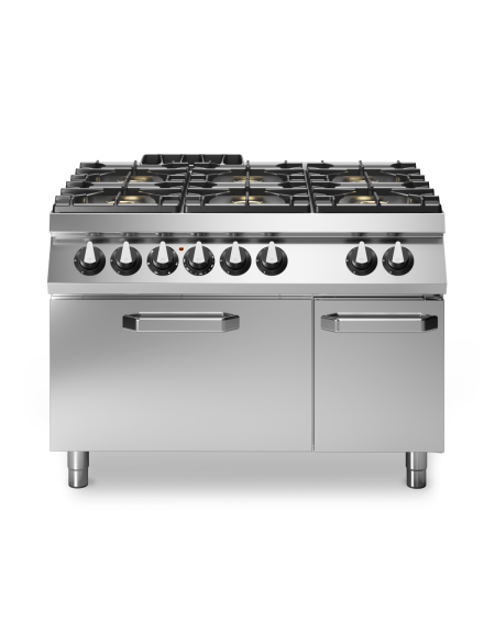 Cucina a gas 6 fuochi con forno elettrico a convezione GN 2/1 e armadio neutro - Bacinelle smaltate - cm 120x90x87h