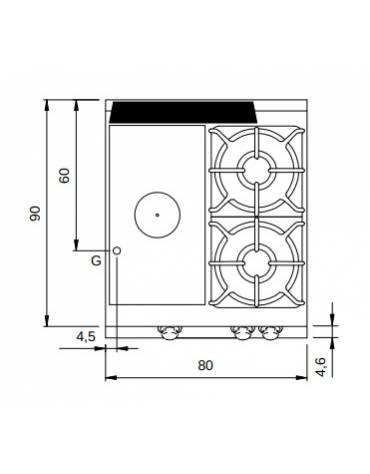 Piano di cottura a gas 2 fuochi + tuttapiastra da banco - piano stampato - potenza totale 23 Kw - cm 80x90x28h