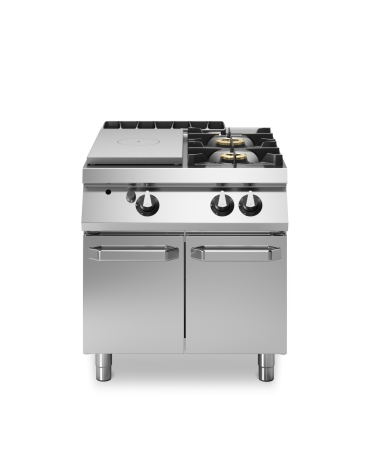 Cucina a gas 2 fuochi + tuttapiastra su vano con 2 porte - piano stampato - potenza totale 23 Kw - cm 80x90x87h