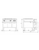 Cucina a gas 4 fuochi + tuttapiastra su vano con 3 porte - piano stampato - potenza totale 43 Kw - cm 120x90x87h