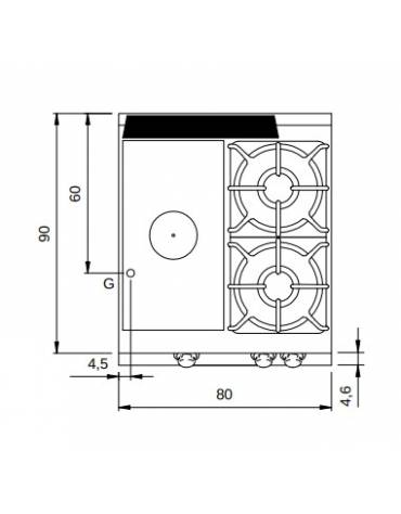 Piano di cottura a gas 2 fuochi + tuttapiastra da banco - bacinelle smaltate - potenza totale 20 Kw - cm 80x90x28h