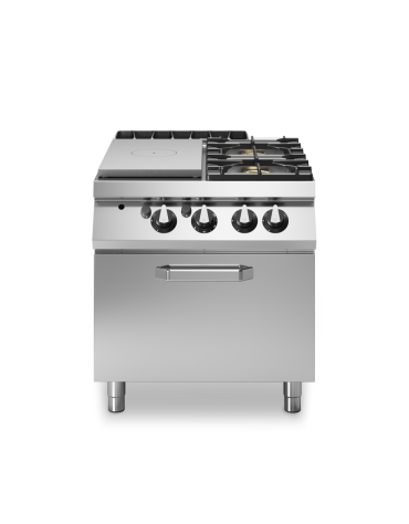 Cucina a gas 2 fuochi + tuttapiastra con forno a gas - bacinelle smaltate - potenza totale 28 Kw - cm 80x90x87h