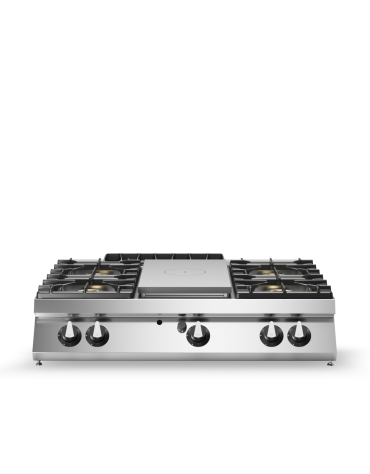 Cucina a gas 4 fuochi + tuttapiastra da banco - bacinelle smaltate - potenza totale 33 Kw - cm 120x90x28h