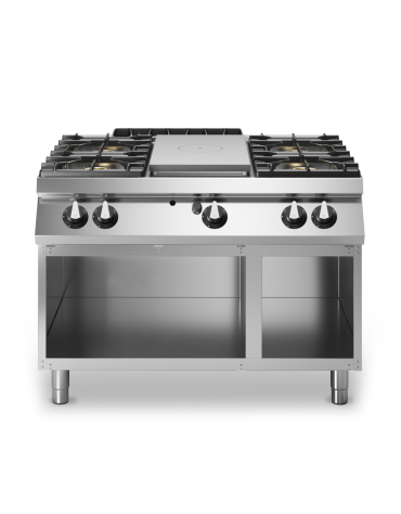 Cucina a gas 4 fuochi + tuttapiastra su vano aperto - bacinelle smaltate - potenza totale 33 Kw - cm 120x90x87h