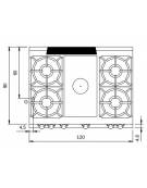 Cucina a gas 4 fuochi + tuttapiastra su vano aperto - bacinelle smaltate - potenza totale 33 Kw - cm 120x90x87h