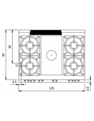 Cucina a gas 4 fuochi + tuttapiastra su vano aperto - bacinelle smaltate - potenza totale 33 Kw - cm 120x90x87h