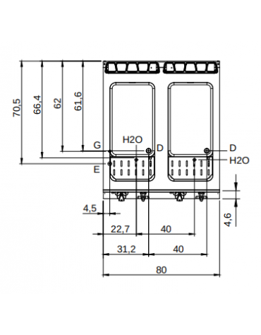 Cuocipasta a gas 2 vasche capacità 40+40 lt - potenza 14+14 Kw - cm 80x90x87h