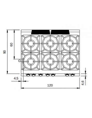 Cucina a gas 6 fuochi con piano stampato e forno a gas maxi - 4 Fuochi da 10 KW e 2 da 6 Kw - cm 120x90x87h