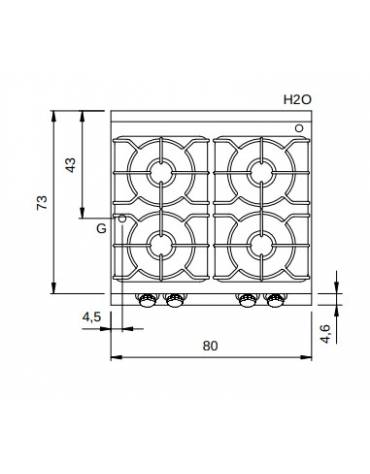 Cucina a gas 4 fuochi da banco con piano stampato - Potenza totale Kw 21,5 - cm 80x73x28h