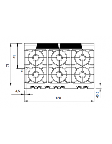 Cucina a gas 4 fuochi con piano stampato e forno a gas maxi - potenza totale 43,5 Kw - cm 120x73x87h