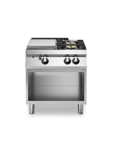 Cucina a gas 2 fuochi + tuttapiastra su vano aperto - piano stampato - potenza totale 18 Kw - cm 80x73x87h