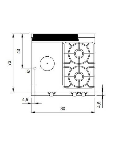 Cucina a gas 2 fuochi + tuttapiastra su vano aperto - piano stampato - potenza totale 18 Kw - cm 80x73x87h