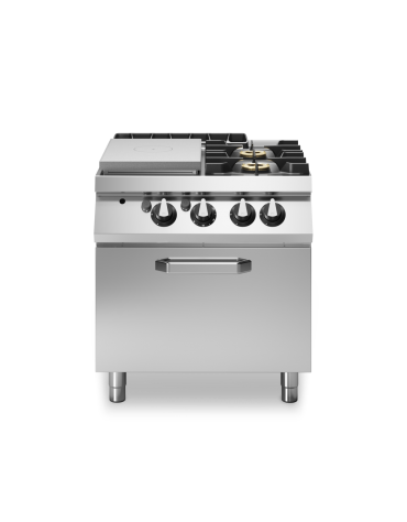 Cucina a gas 2 fuochi + tuttapiastra con forno a gas e piano stampato - potenza totale 26 Kw - cm 80x73x87h