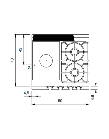 Cucina a gas 2 fuochi + tuttapiastra con forno a gas e piano stampato - potenza totale 26 Kw - cm 80x73x87h