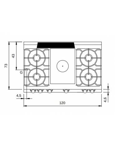 Piano di cottura a gas 4 fuochi + tuttapiastra da banco - piano stampato - potenza totale 27,5 Kw - cm 120x73x28h