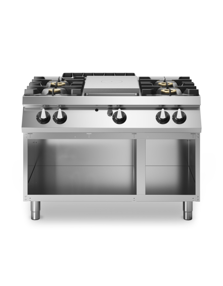 Cucina a gas 4 fuochi + tuttapiastra su vano aperto - piano stampato - potenza totale 27,5 Kw - cm 120x73x87h