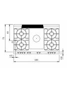 Cucina a gas 4 fuochi + tuttapiastra su vano aperto - piano stampato - potenza totale 27,5 Kw - cm 120x73x87h