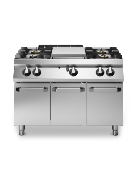 Cucina a gas 4 fuochi + tuttapiastra su vano con 3 porte - piano stampato - potenza totale 18 Kw - cm 120x73x87h