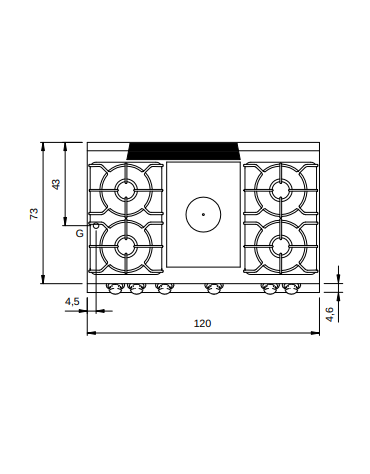 Cucina a gas 4 fuochi + tuttapiastra con forno a gas e porta neutra - piano stampato - cm 120x73x87h