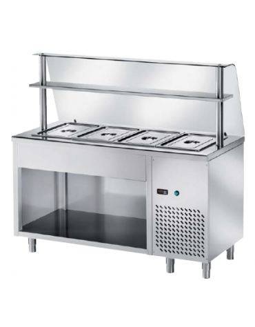 TAVOLO FREDDO SELF SERVICE CON VASCA REFRIGERATA N° 3 GN 1/1 - VANO INFERIORE A GIORNO E VETRO CON MENSOLA CM. 120X70X145H