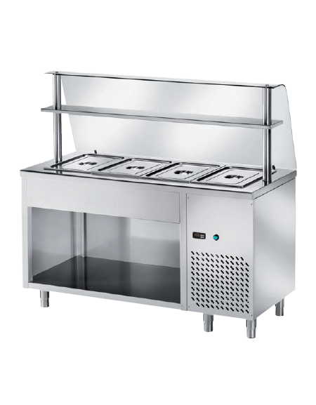 TAVOLO FREDDO SELF SERVICE CON VASCA REFRIGERATA N° 4 GN 1/1 - VANO INFERIORE A GIORNO E VETRO CON MENSOLA CM. 150X70X145H
